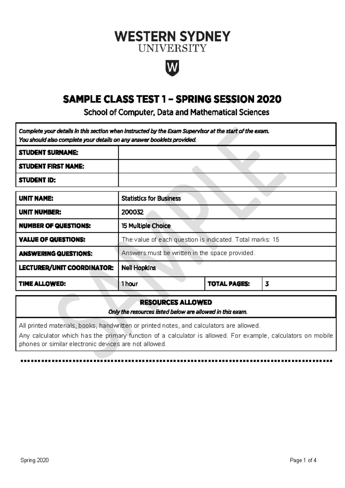 Sample Class Test 1 - The value of each question is indicated. Total ...