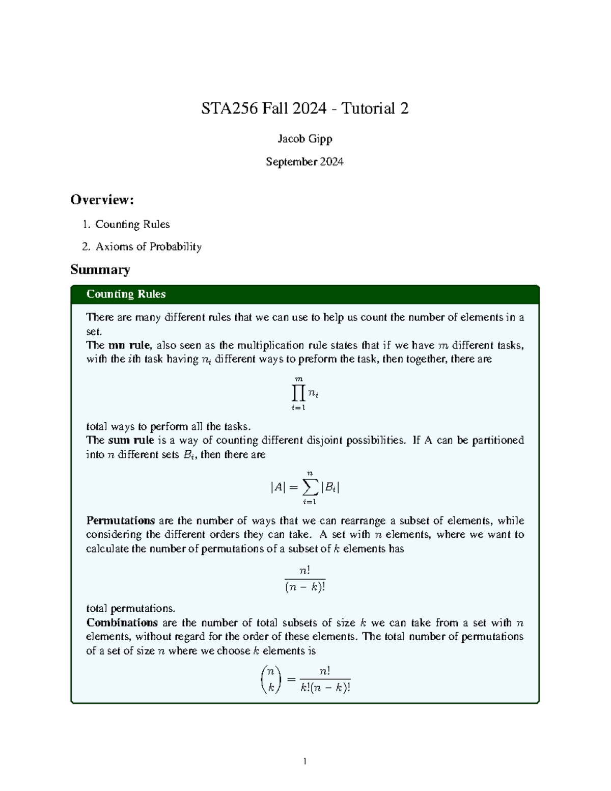 STA256 Fall 2024 - Tutorial 2 Solutions on Probability & Counting Rules ...