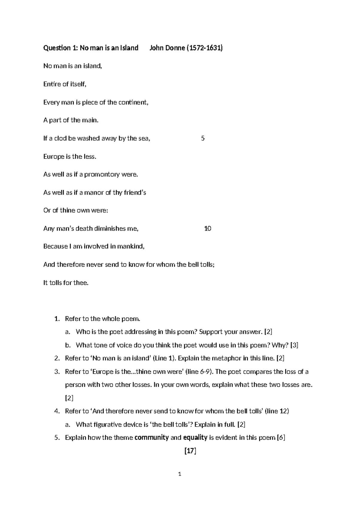 English Grade 10 Paper 2 Term 4: Poem Analysis and Themes Discussion ...