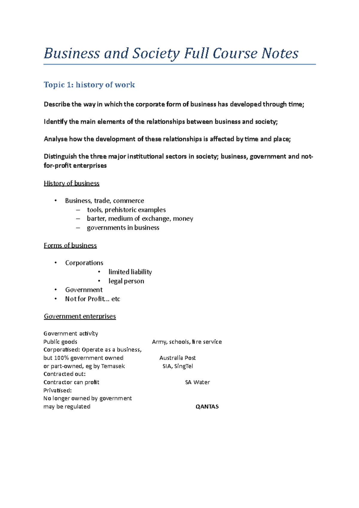 BUS 101: Full Course Lecture Notes on Business and Society (Sections 1 ...