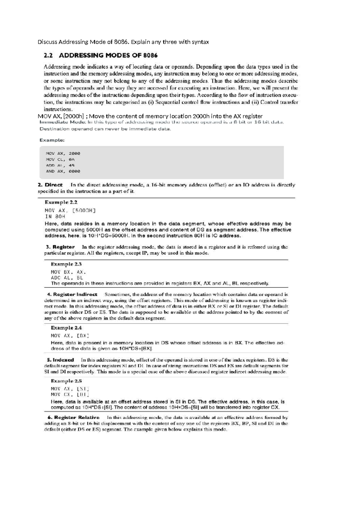 Addressing Modes and Architecture of 8086: MP QB Notes - Studocu