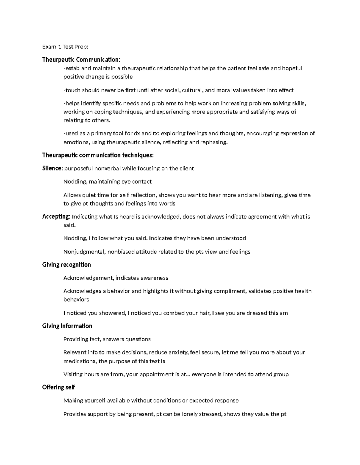 Exam 1 Study Guide: Therapeutic Communication & Interpersonal ...