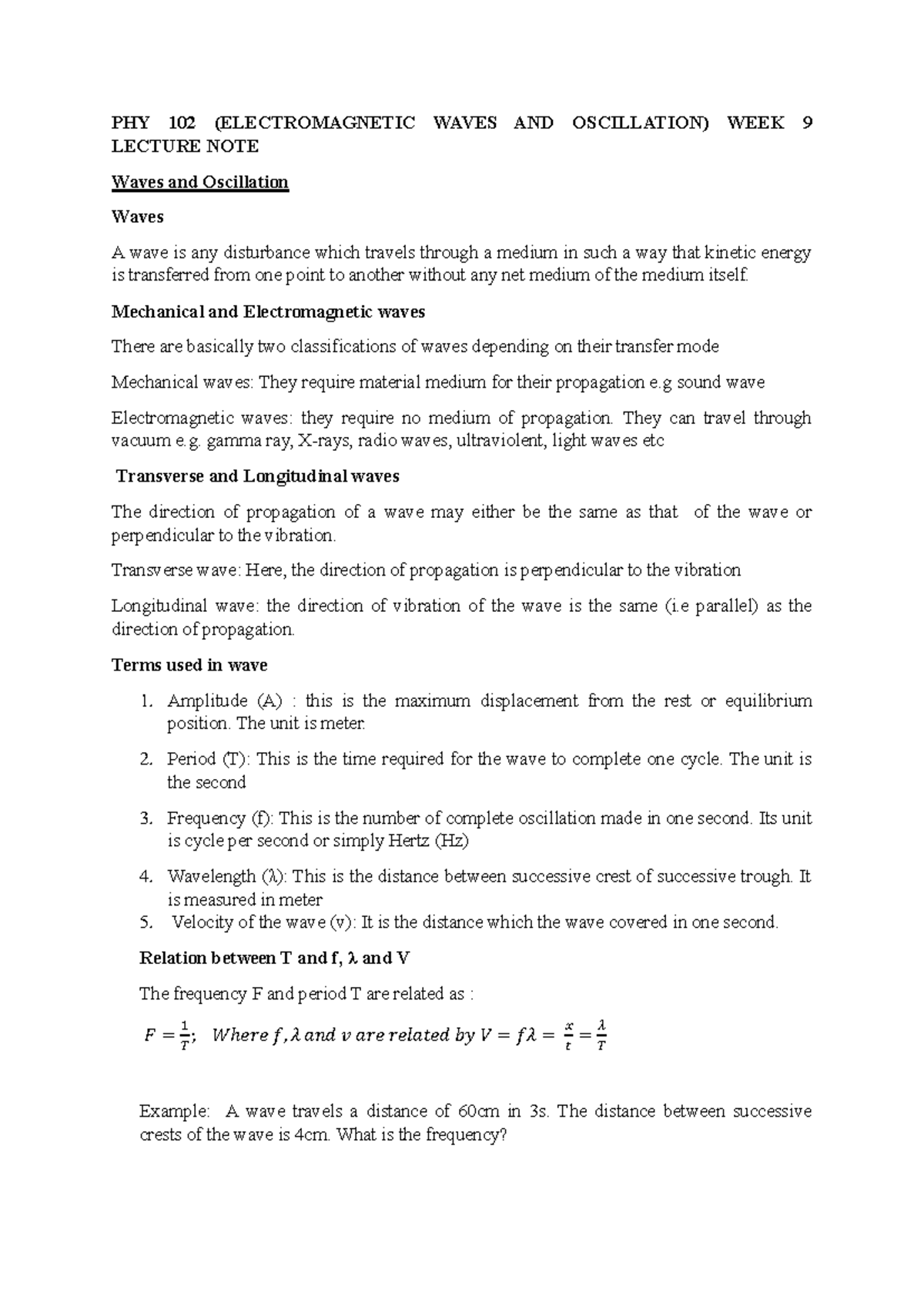 PHY 102: Waves and Oscillation Lecture Notes - Week 9 Summary - Studocu