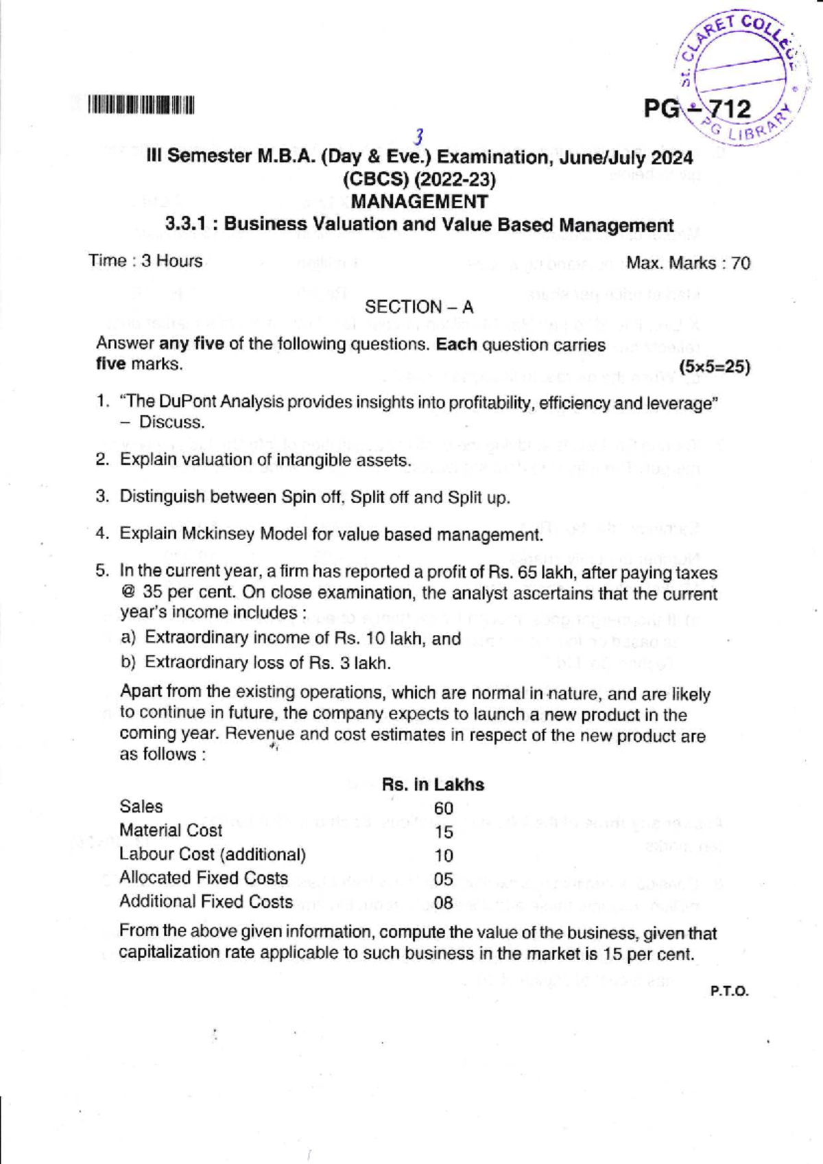 331: Business Valuation and Value Based Management Exam Paper 2023 ...