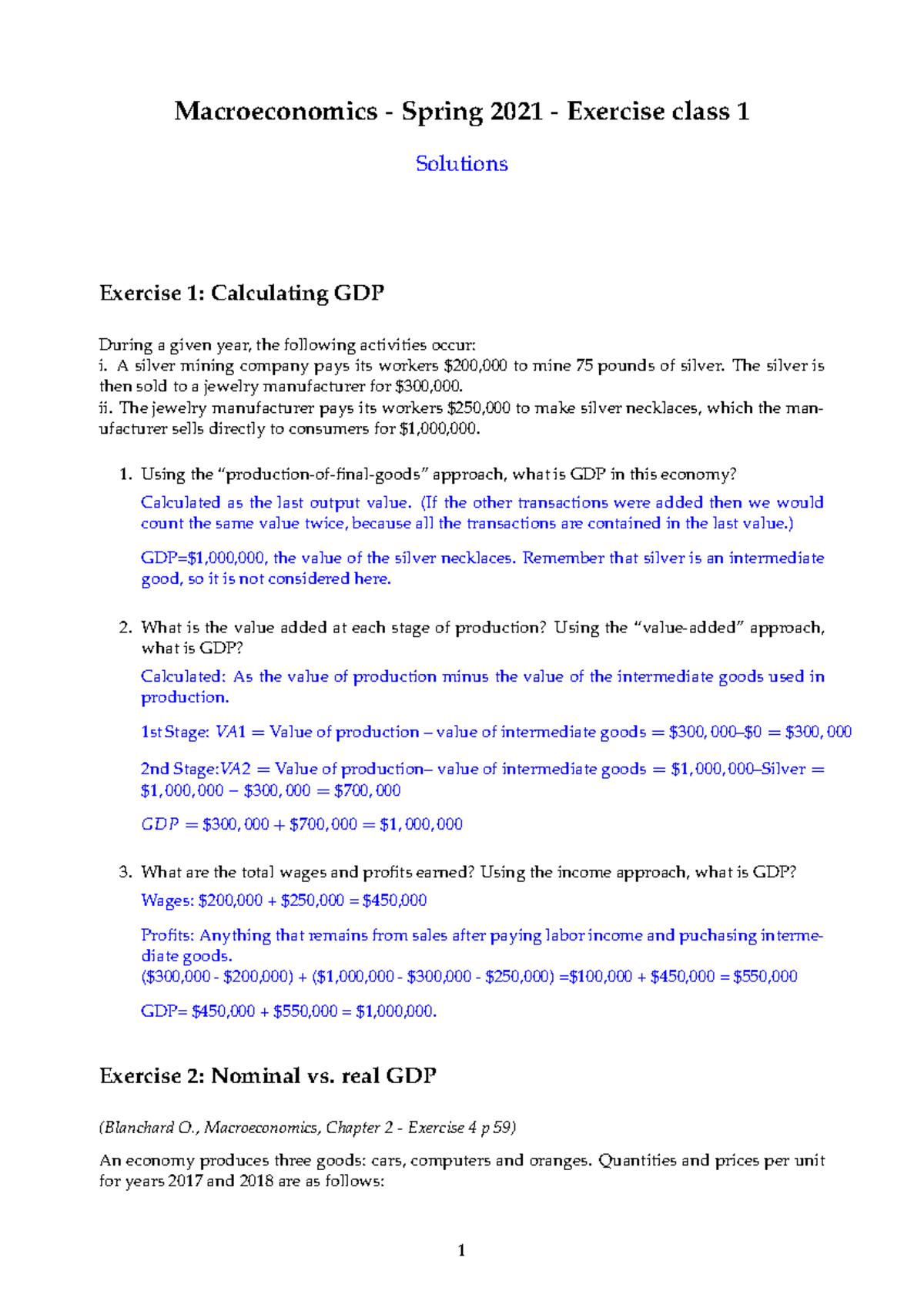 Macroeconomics Exercise Class 1 Solutions - Spring 2021 (GDP ...