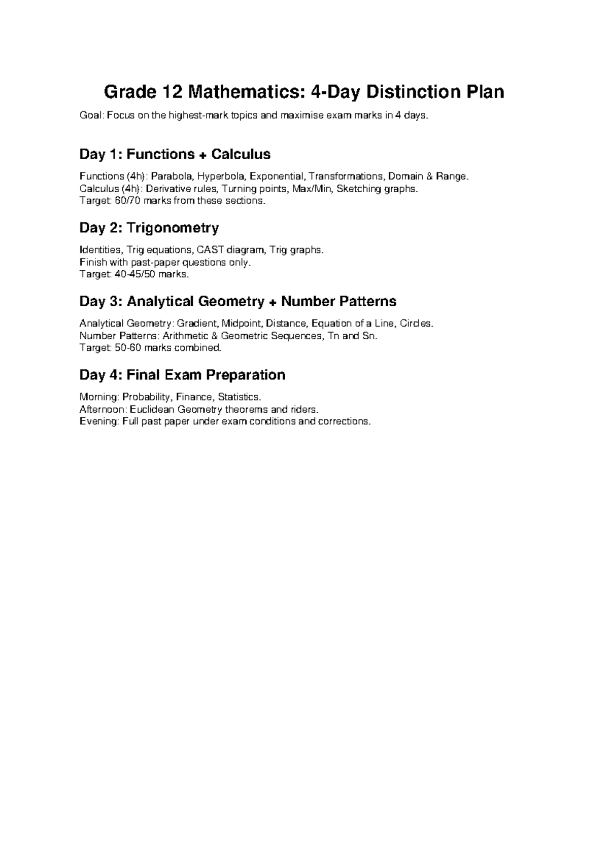 Grade 12 Maths Distinction Plan: 4-Day Exam Prep Guide - Studocu