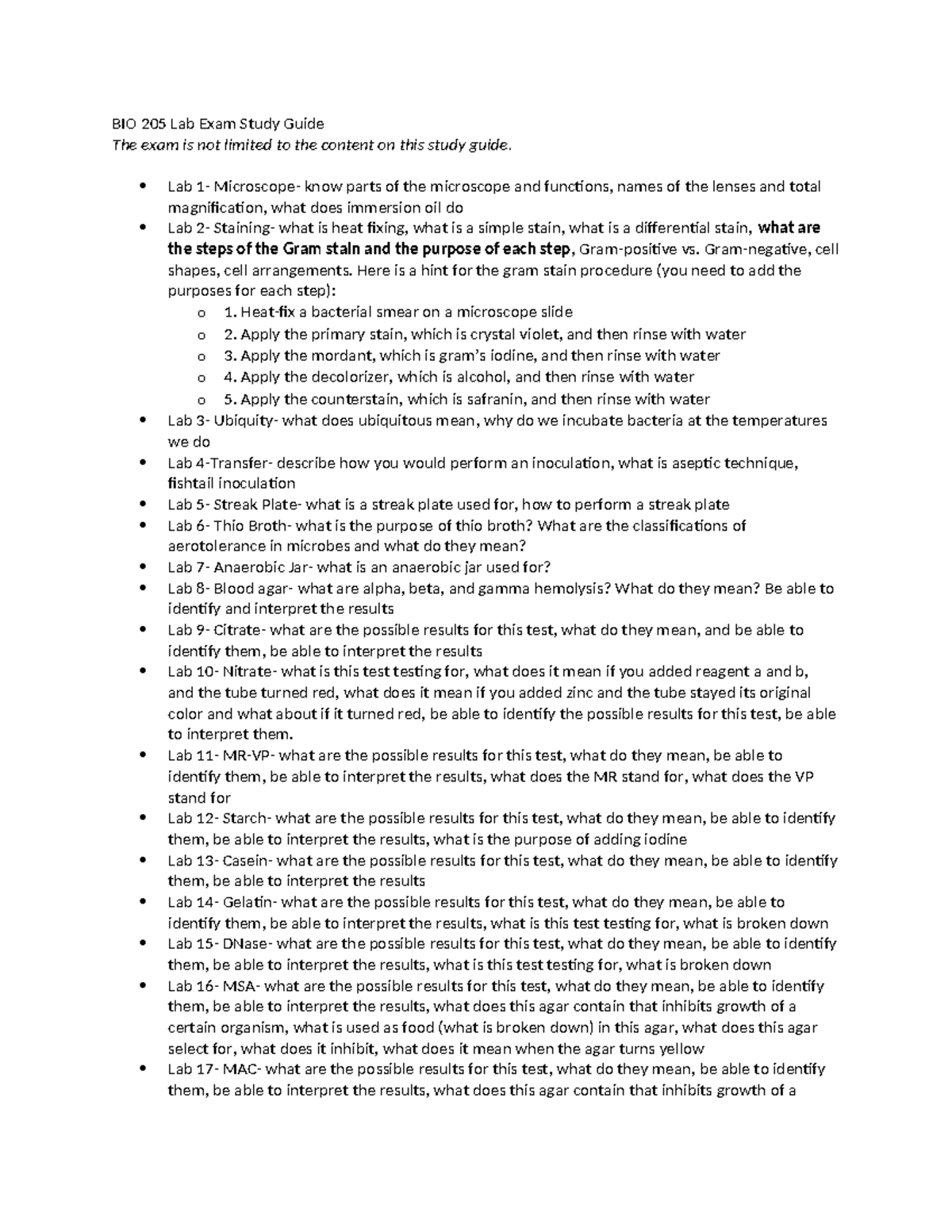 BIO 205 Lab Final Exam Study Guide: Key Concepts & Procedures - Studocu