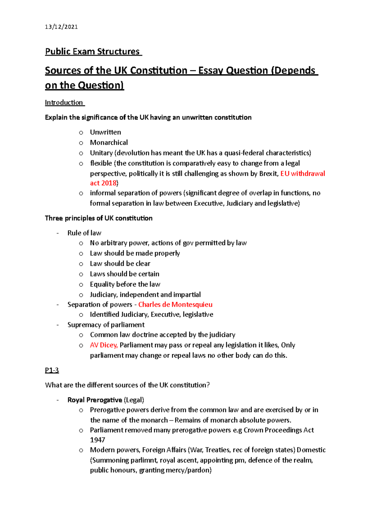 Public Law Exam Revision Notes: UK Constitution and Principles - Studocu