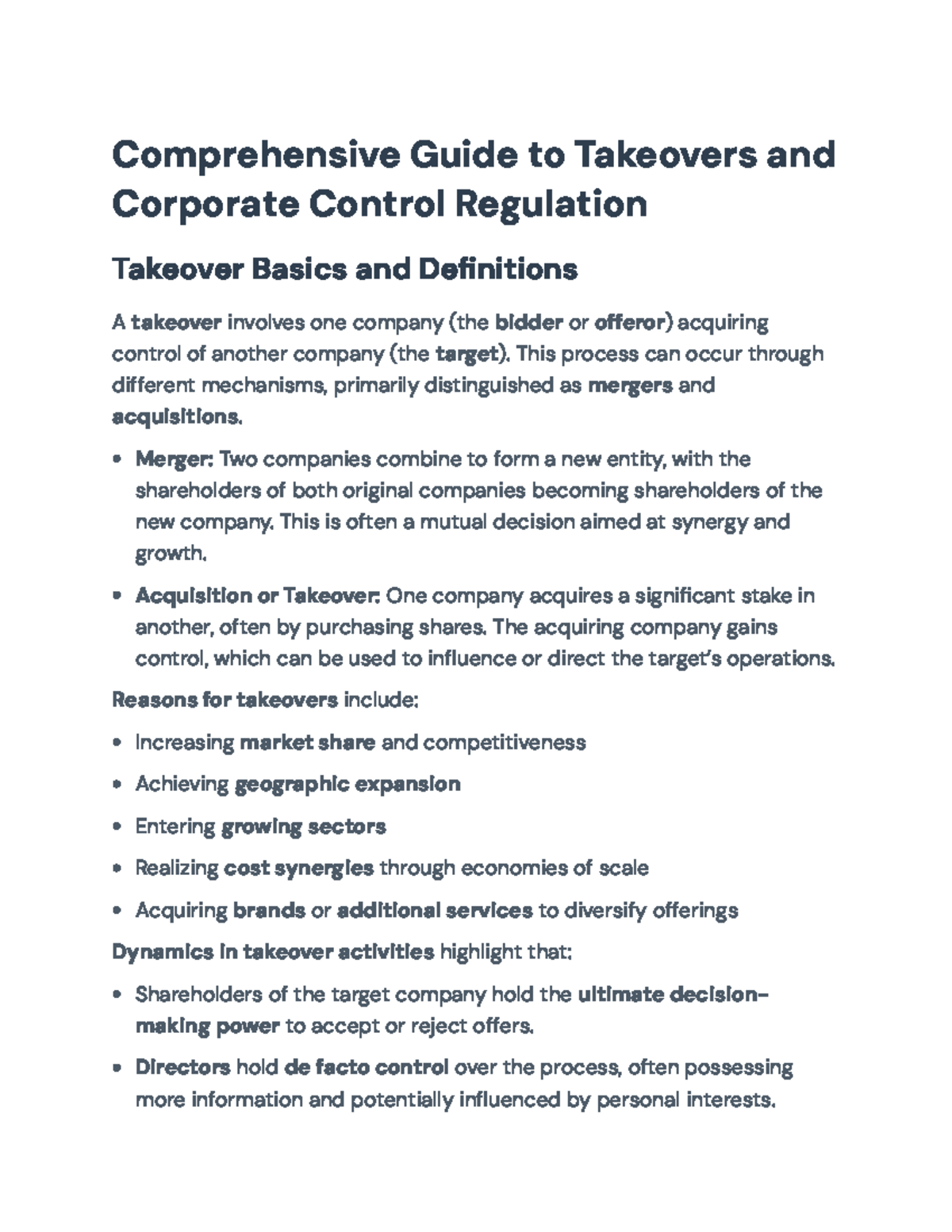 Comprehensive Overview of Takeovers & Corporate Control Regulation ...