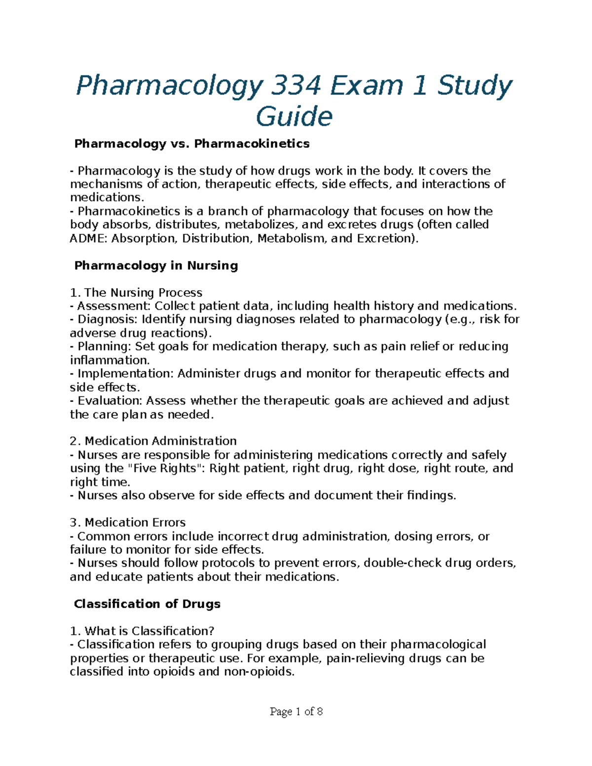 Pharmacology 334 Exam 1 Study Guide 2 - Pharmacology 334 Exam 1 Study ...
