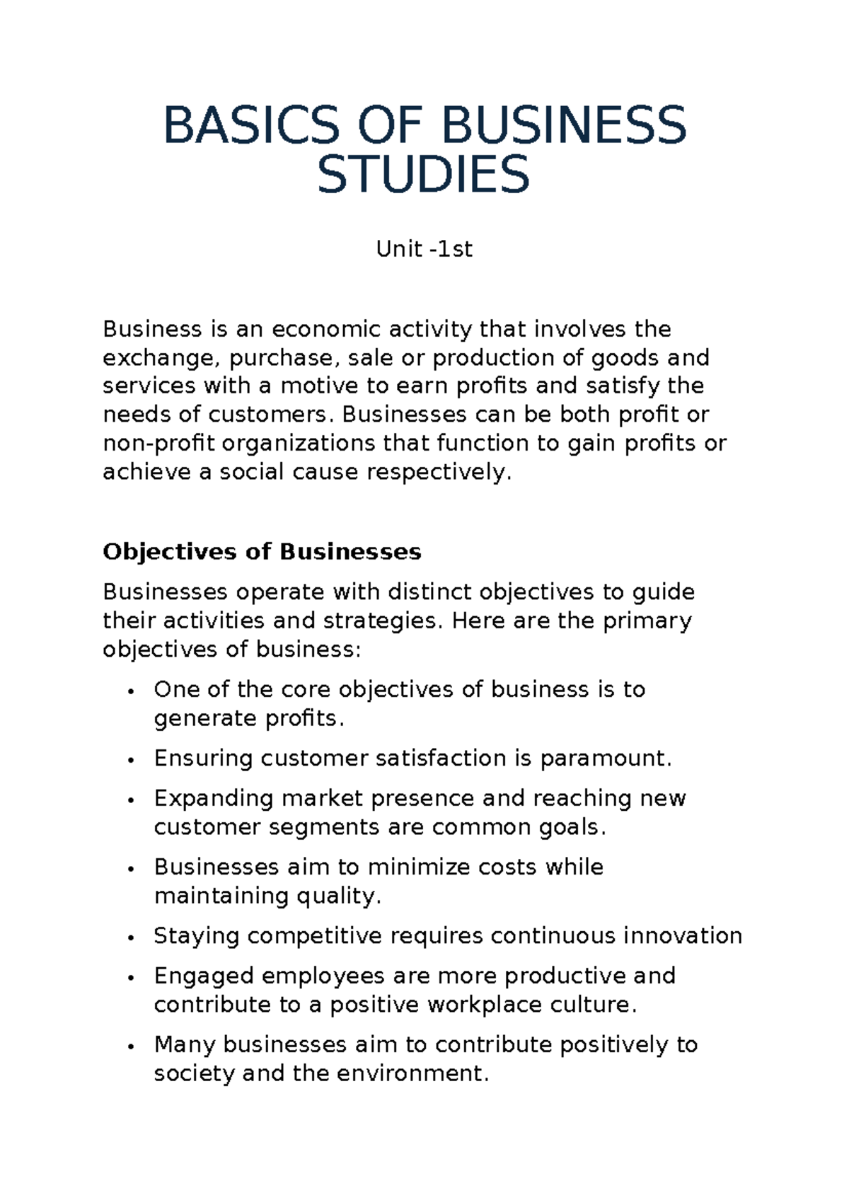 BASICS OF BUSINESS STUDIES: Key Concepts and Types of Businesses - Studocu
