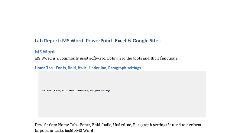 Detailed Lab Report on MS Word, PowerPoint, Excel & Google Sites ...