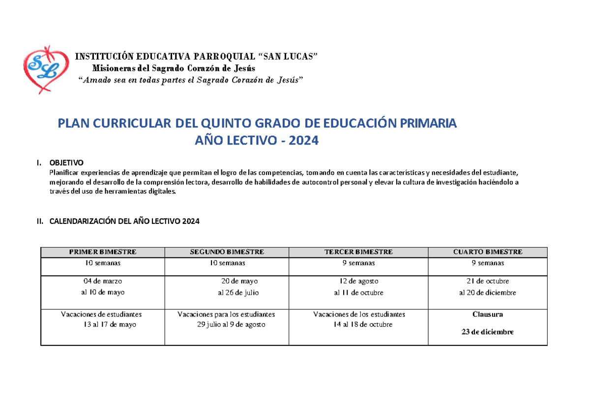Matriz de Plan Curricular - Quinto Grado de Primaria - 2024 - Studocu