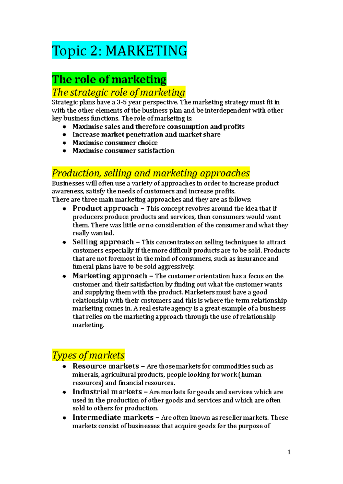 HSC Business Study: Marketing Strategies and Their Role - Studocu
