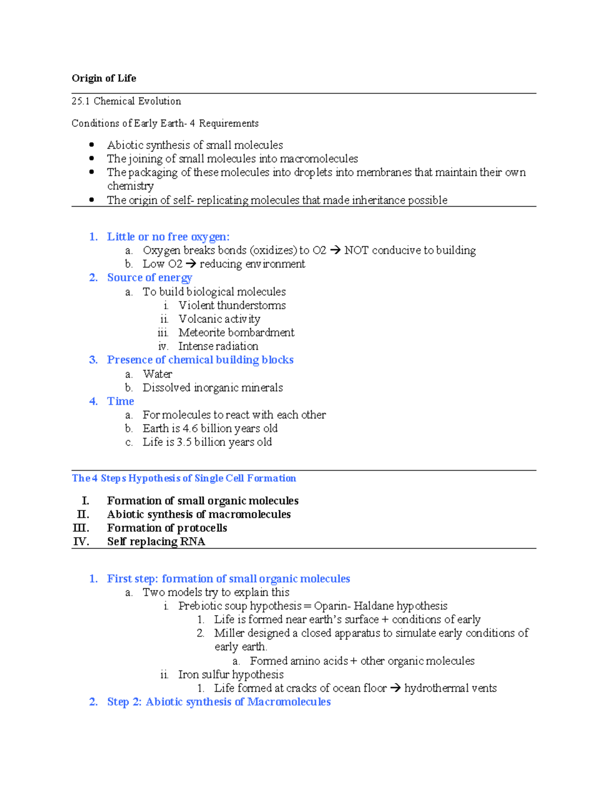 Origin of Life - Lecture Notes (BIO 25.1) - Studocu