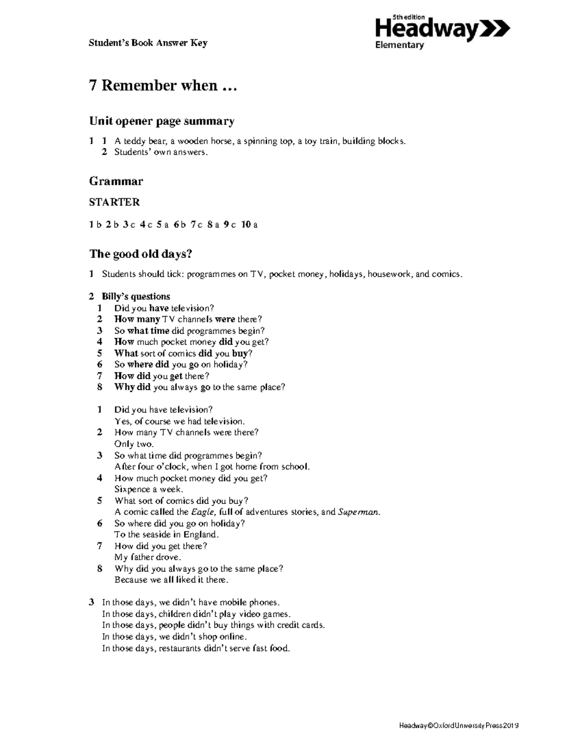 SB Unit 7 Summary & Grammar Notes - Headway 5e Elementary - Studocu