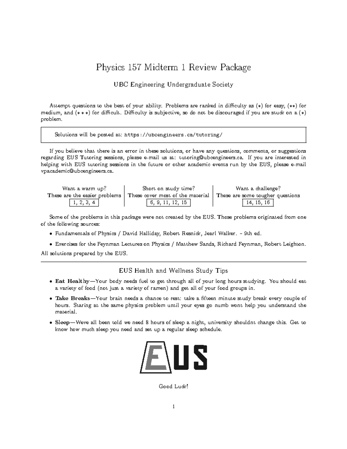 PHYS 157 MT1 2022 - Comprehensive Midterm 1 Review Package - Studocu
