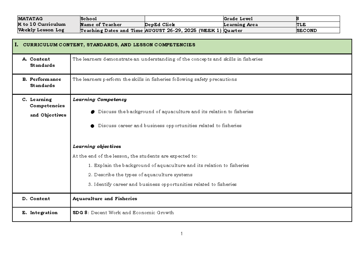 TLE 8 DLL Q2 W1 - Aquaculture & Fisheries Lesson Plan - Studocu