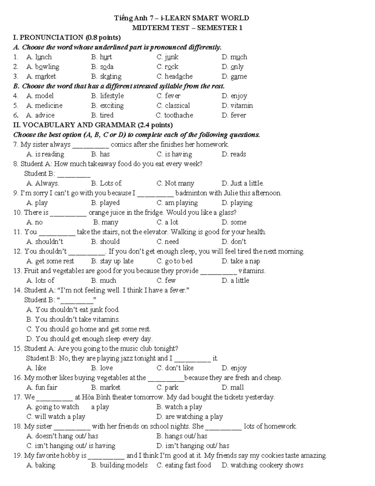 Tiếng Anh 7 SMART WORLD MIDTERM TEST SEMESTER 1 - Studocu