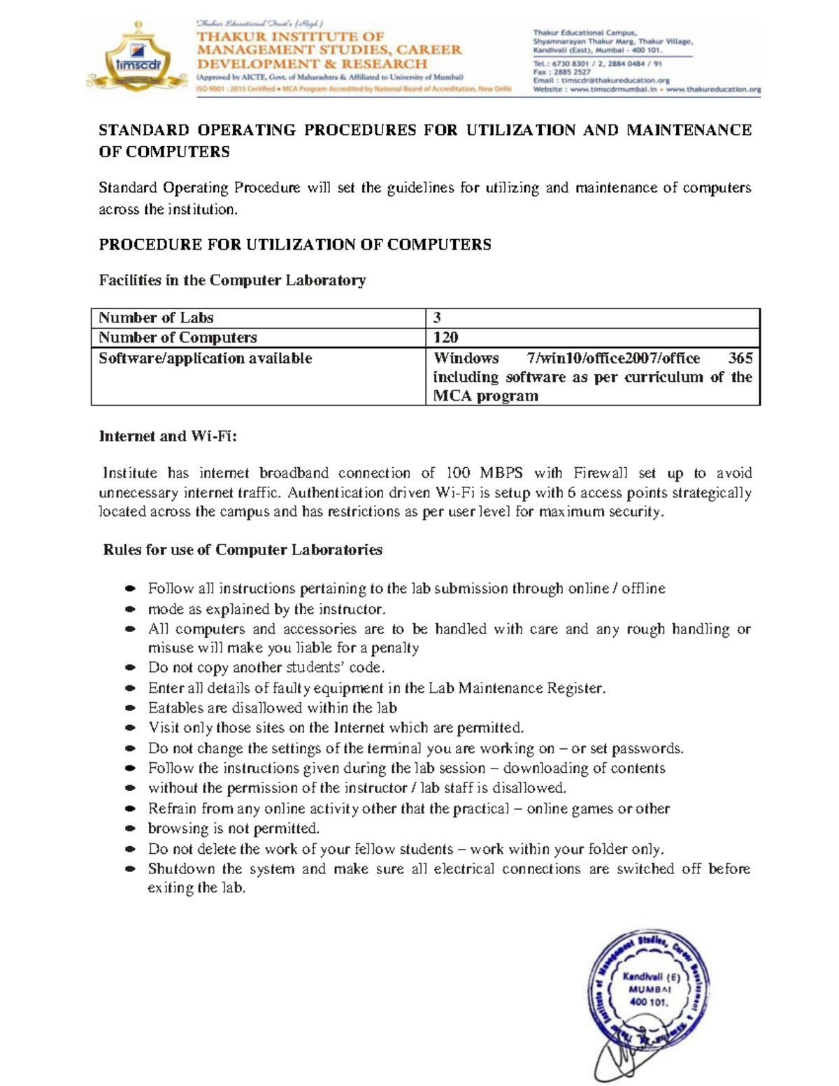 SOP for Computer Utilization & Maintenance in MCA Program - Studocu