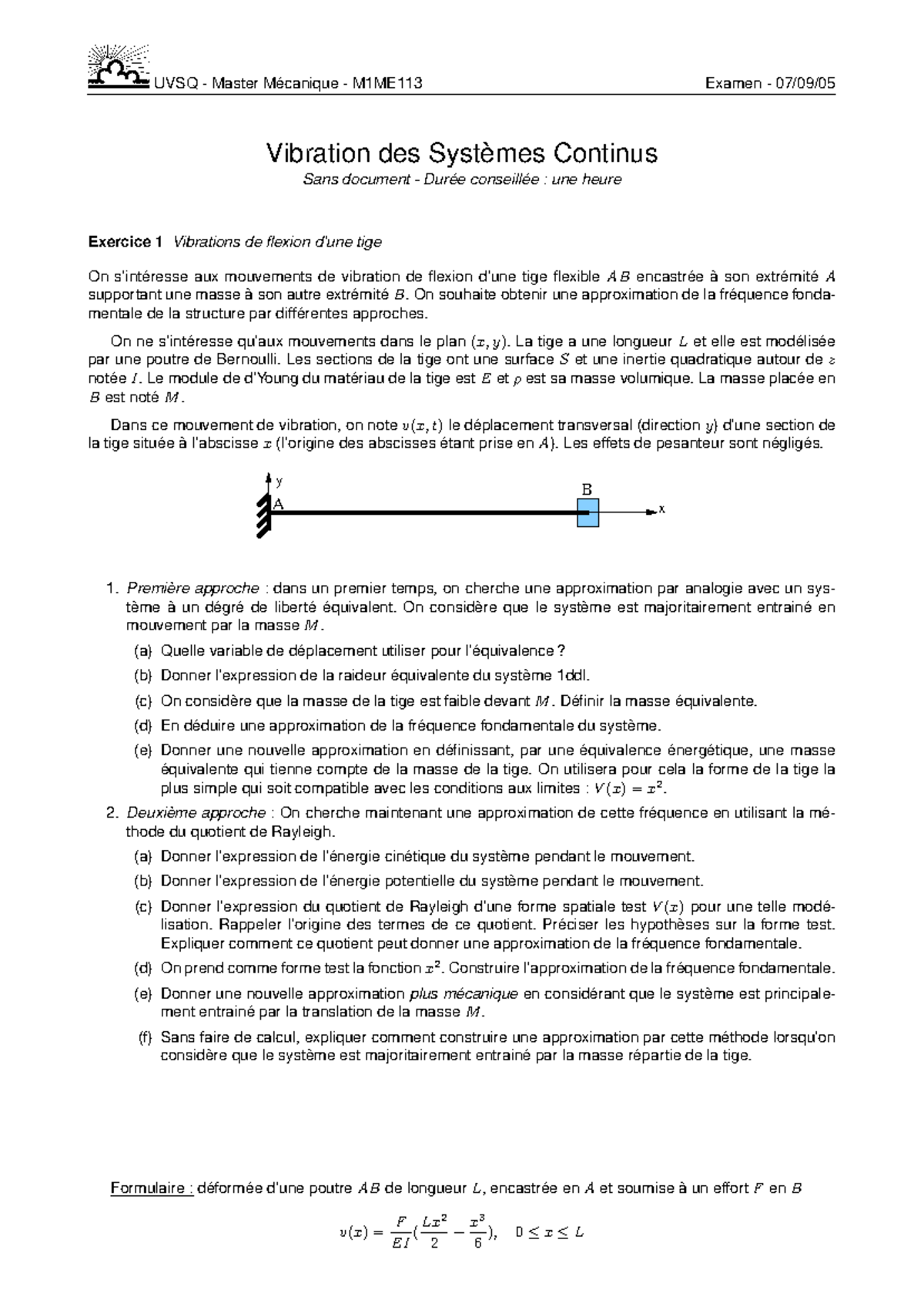 Vib Exam M1ME113 - Vibration des Systèmes Continus - 07/09/ - Studocu