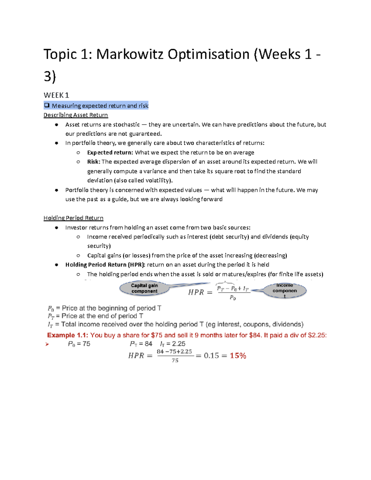 FINS2624 - Week 1-3: Markowitz Optimisation & Portfolio Theory Notes ...