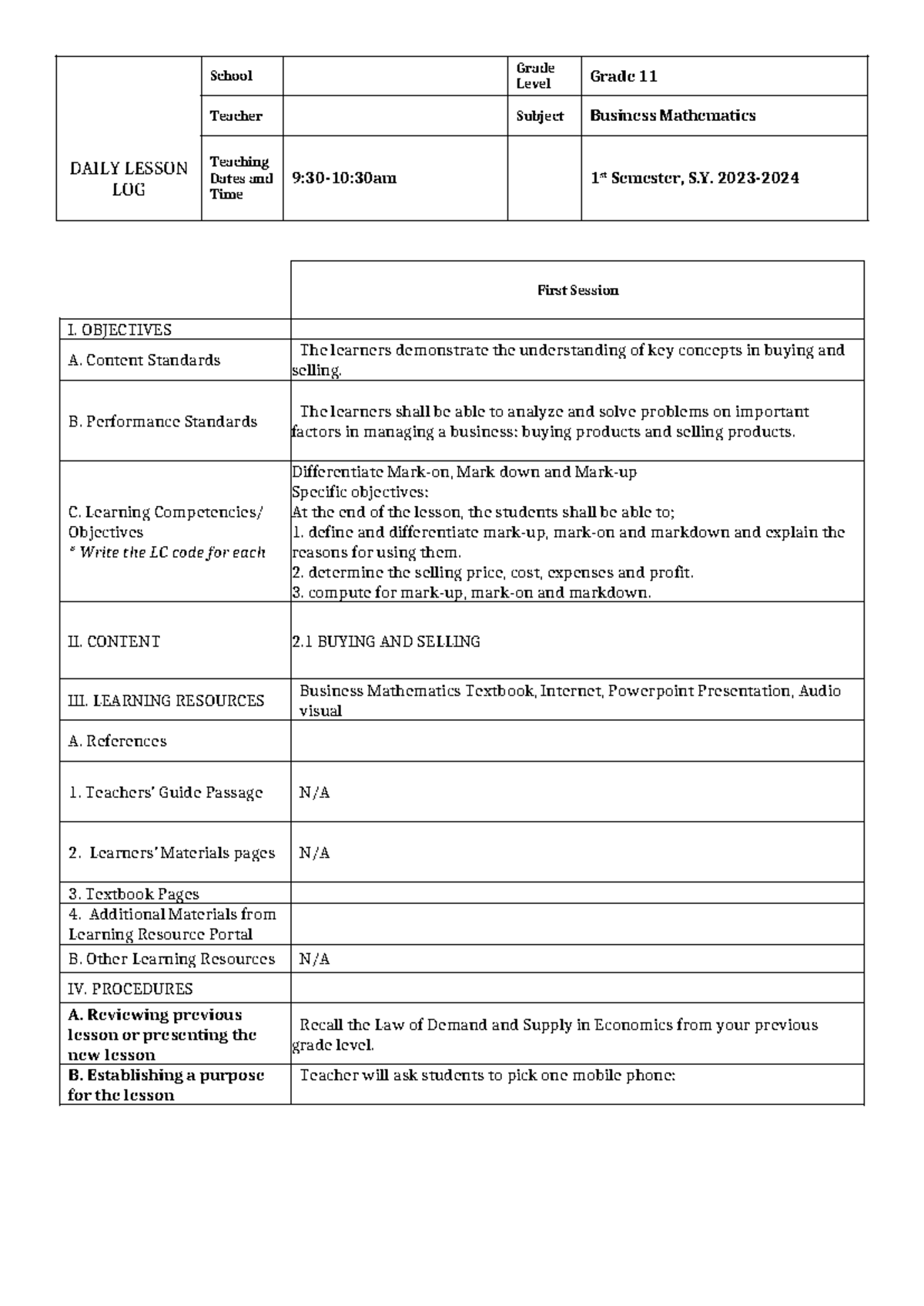 COT1 - Business MATH - COT 1 - DAILY LESSON LOG School Grade Level ...