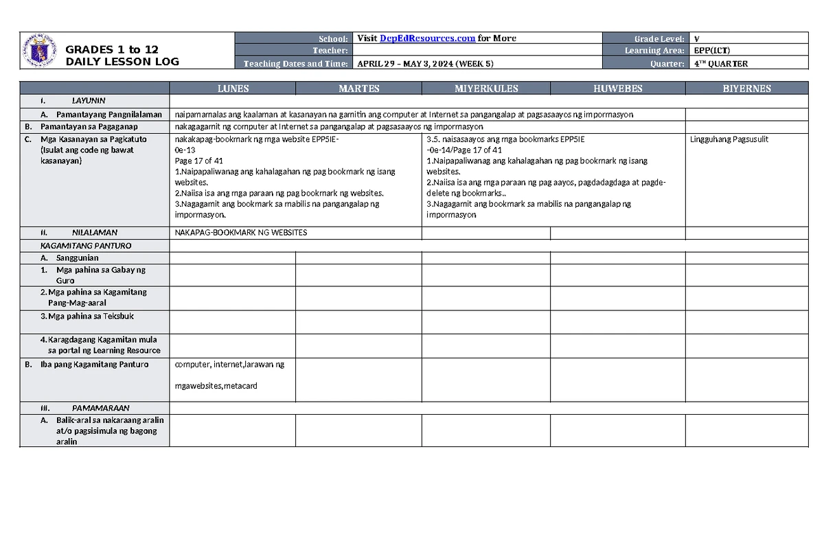 DLL EPP 5 Q4 W2 - practice materials - GRADES 1 to 12 DAILY LESSON LOG ...