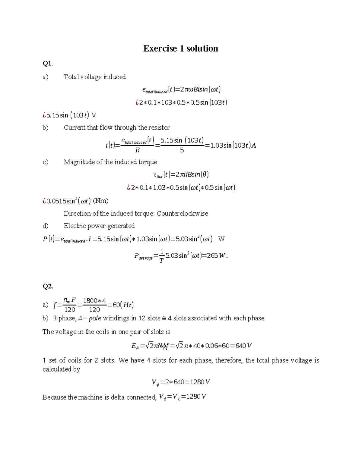 Exercise 1 Solutions: Induced Voltage, Current, and Power Analysis ...