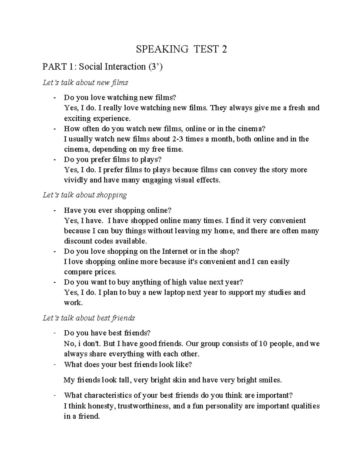 Speaking TEST 2 (1) - Ôn Thi - SPEAKING TEST 2 PART 1: Social ...