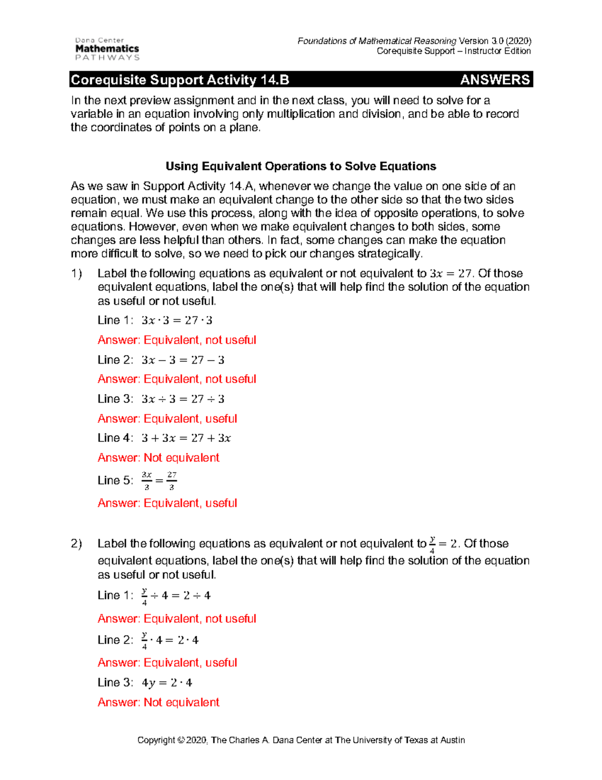 14B Corequisite Support Activity Solutions for Math Reasoning - Studocu