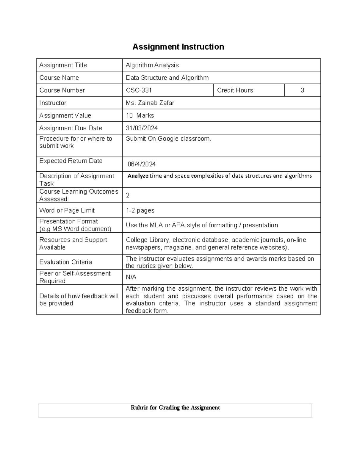 Algorithm Analysis Assignment - CSC-331: Data Structures & Algorithms ...