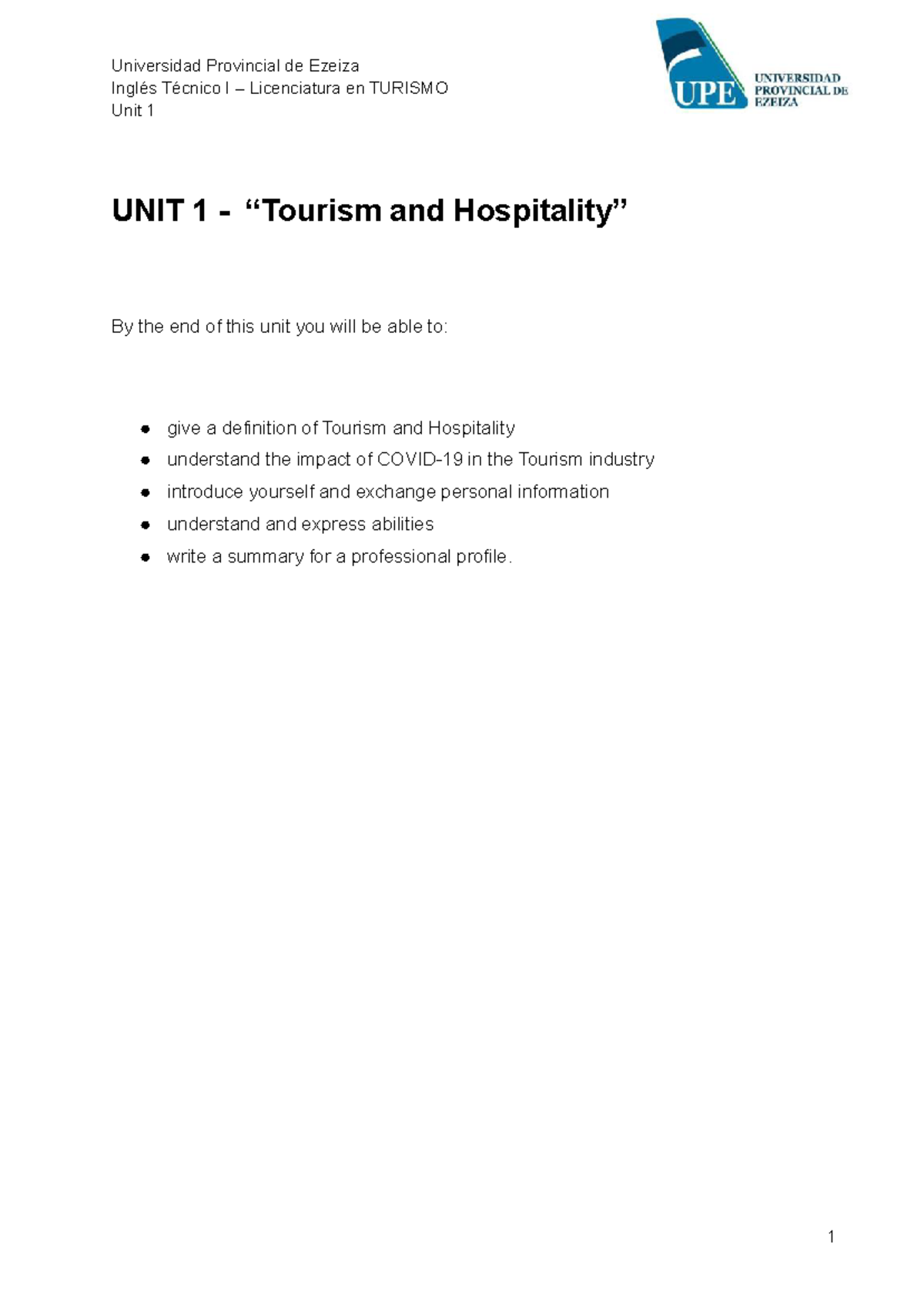 Inglés Téc 1 Turismo - UNIT 1: Tourism and Hospitality Overview - Studocu