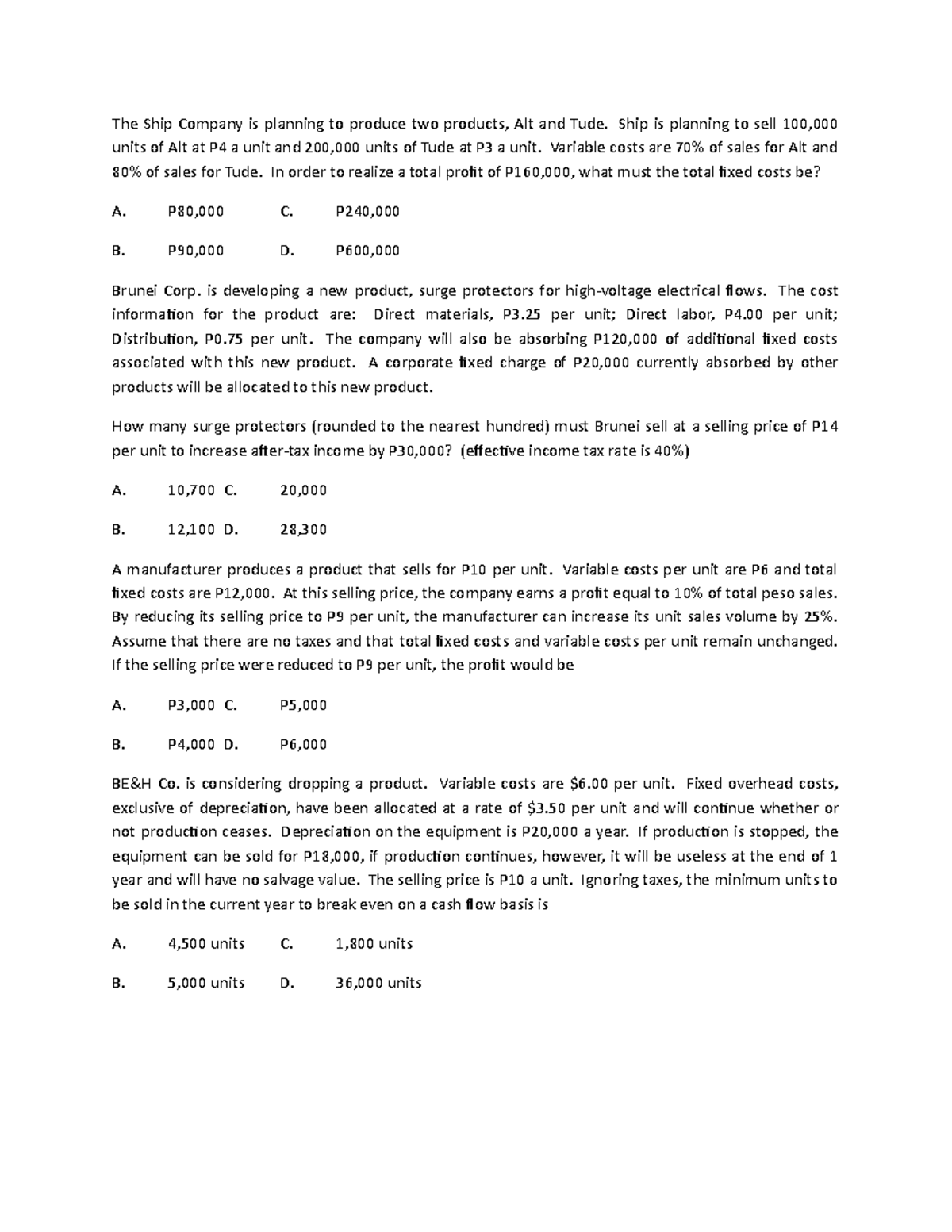 CMA1 Random Practice Problems on Cost Analysis and Profitability - Studocu