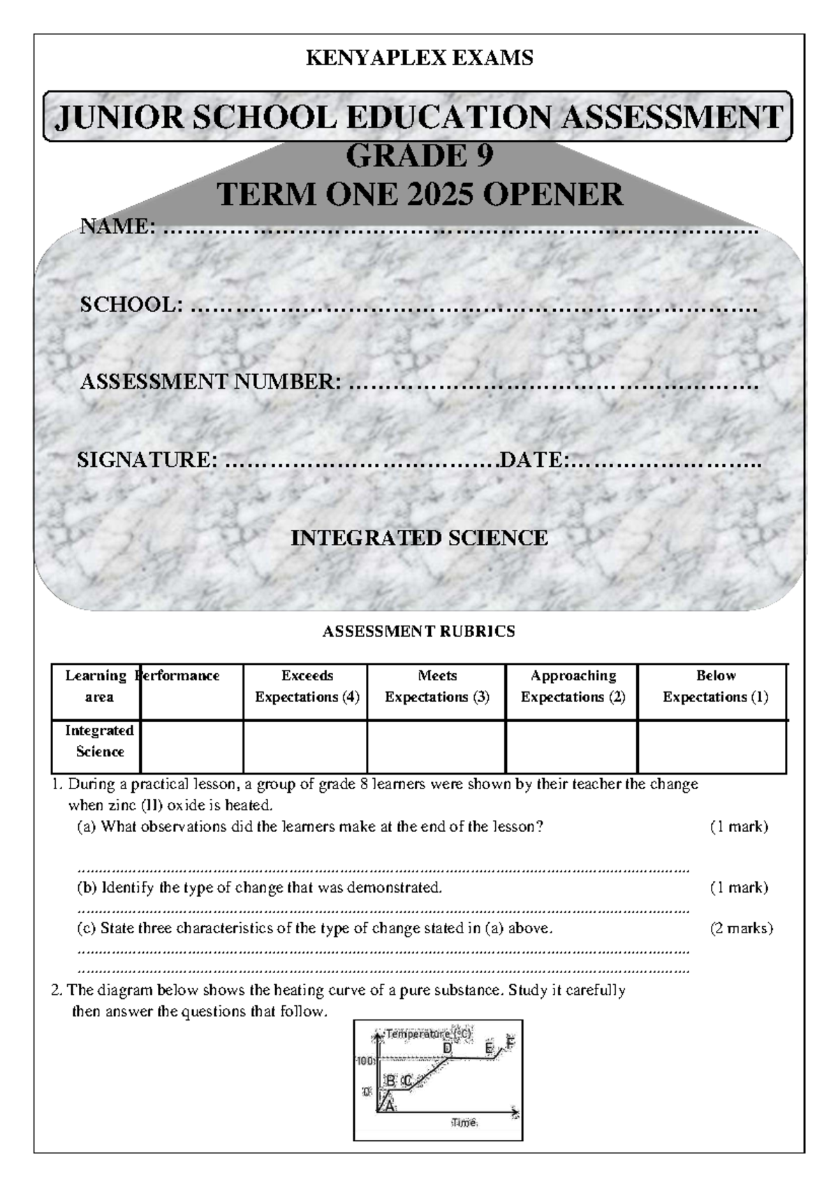 Grade 9 Integrated Science Term 1 Opener Exam 2025 - Studocu