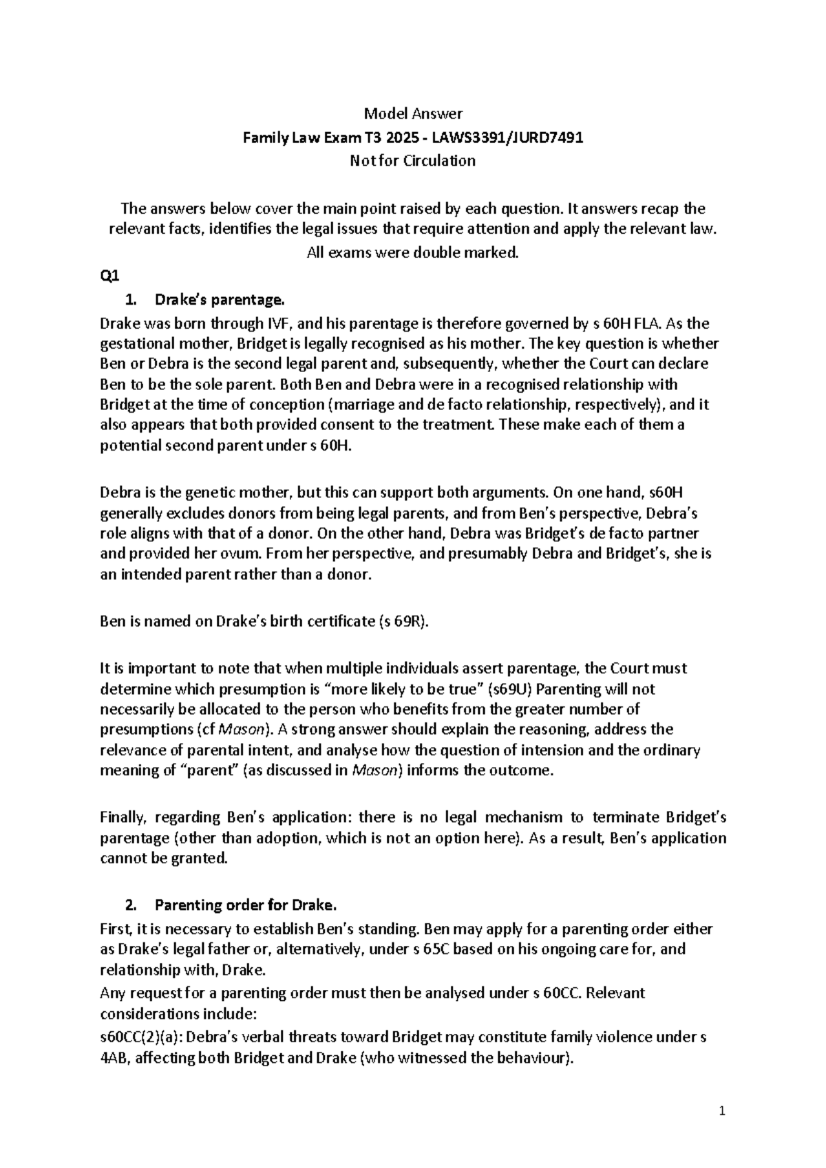 Model Answers for Family Law Exam T3 2025: Key Issues & Analysis - Studocu