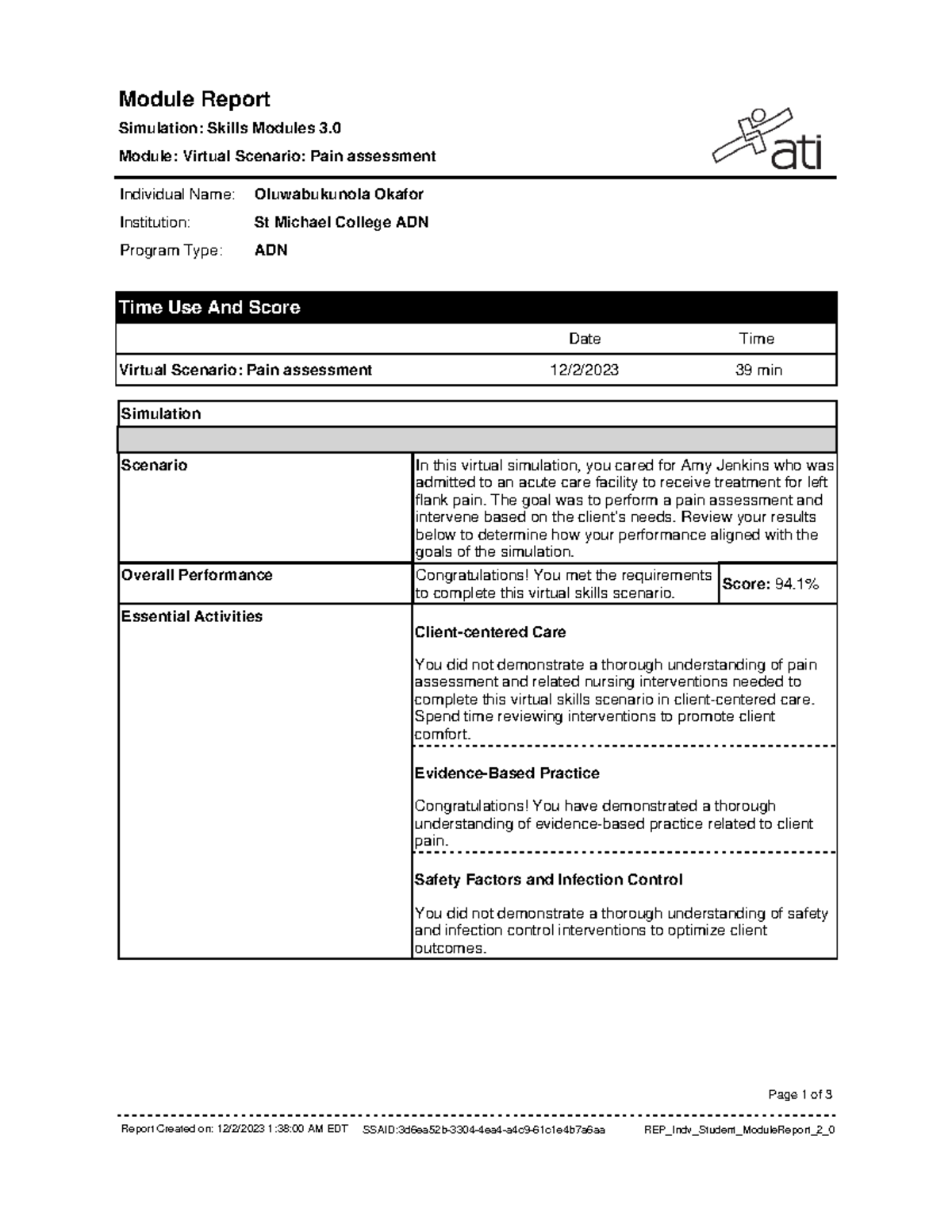 ADN Module Report: Virtual Scenario Assessment on Pain Management - Studocu