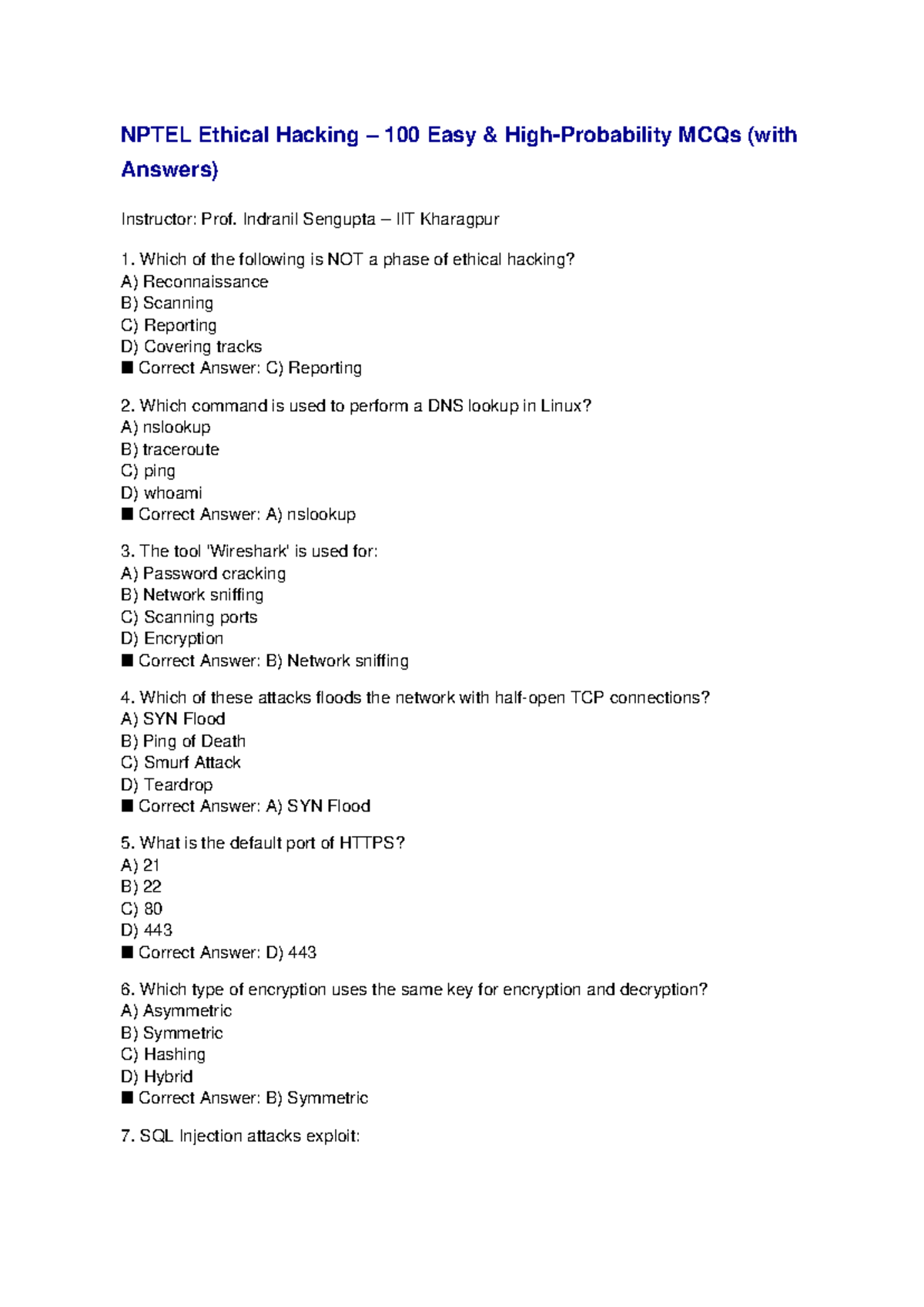 NPTEL Ethical Hacking: 10 Easy MCQs with Answers - Studocu