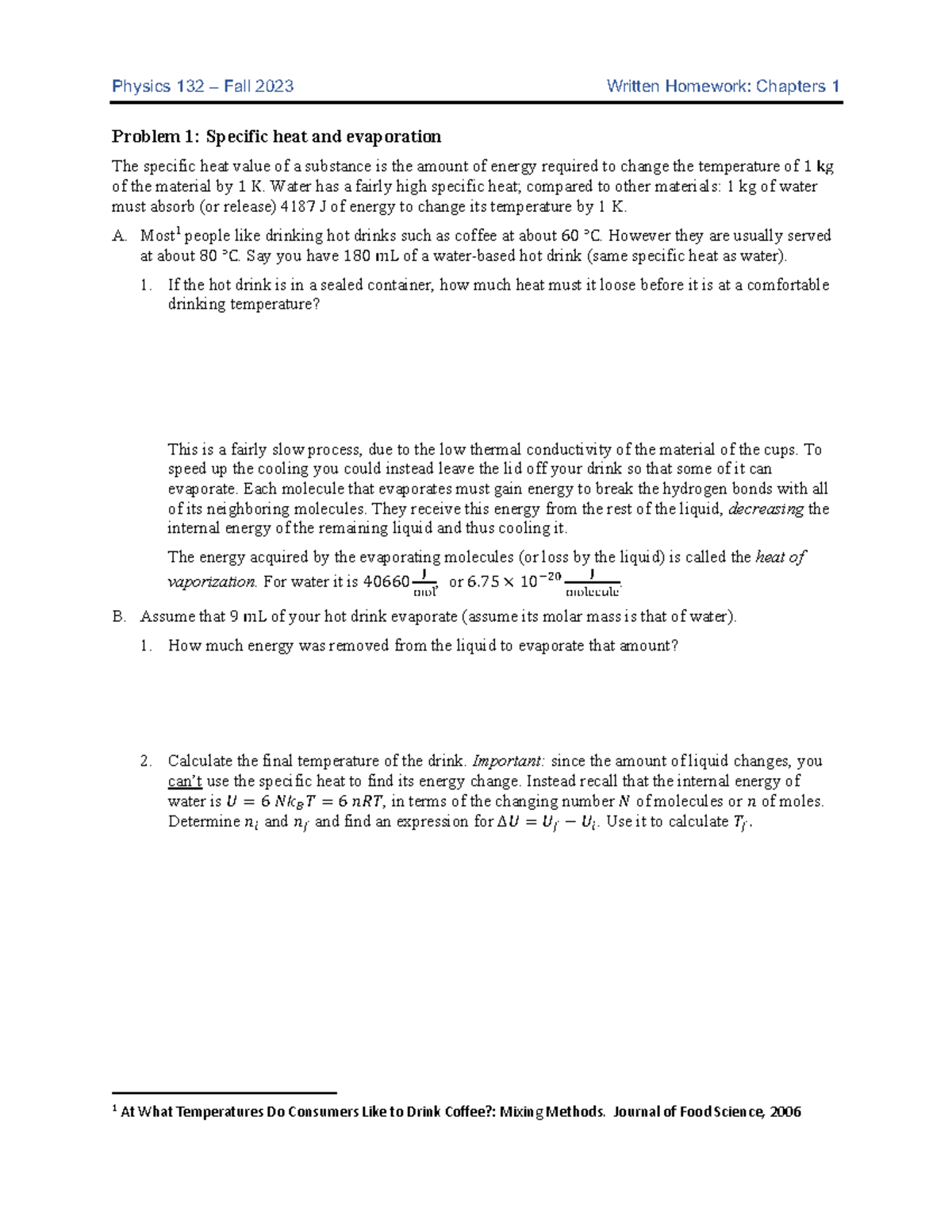 Ch 132 - Written Homework 2: Specific Heat & Evaporation Analysis - Studocu
