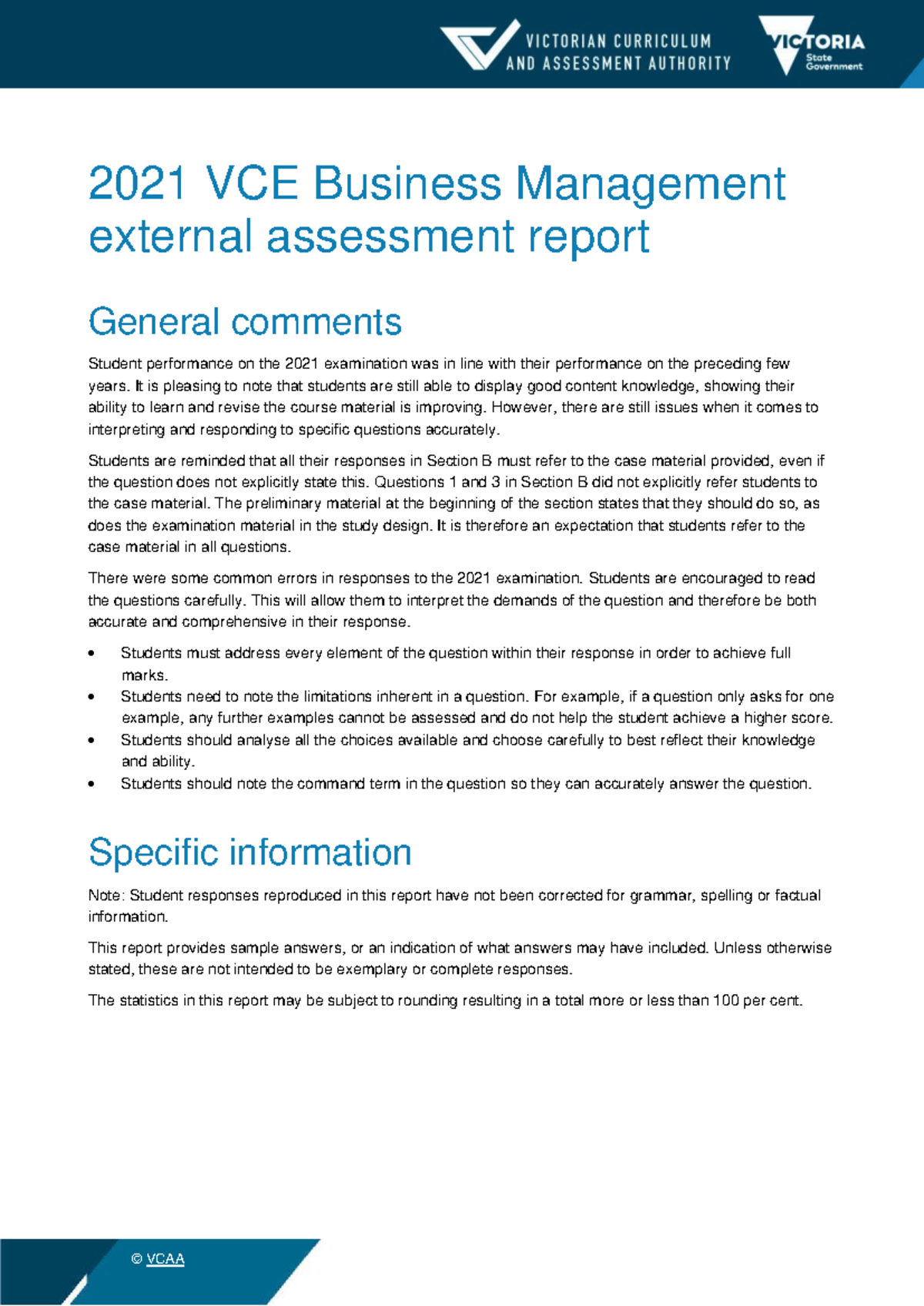 2021 VCE Business Management External Assessment Report Insights - Studocu