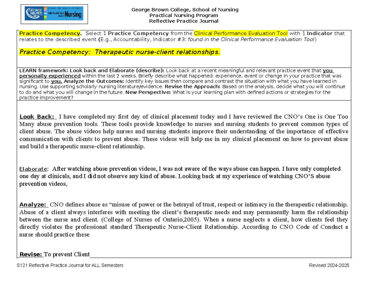 S121 Reflective Practice Journal: Therapeutic Nurse-Client ...