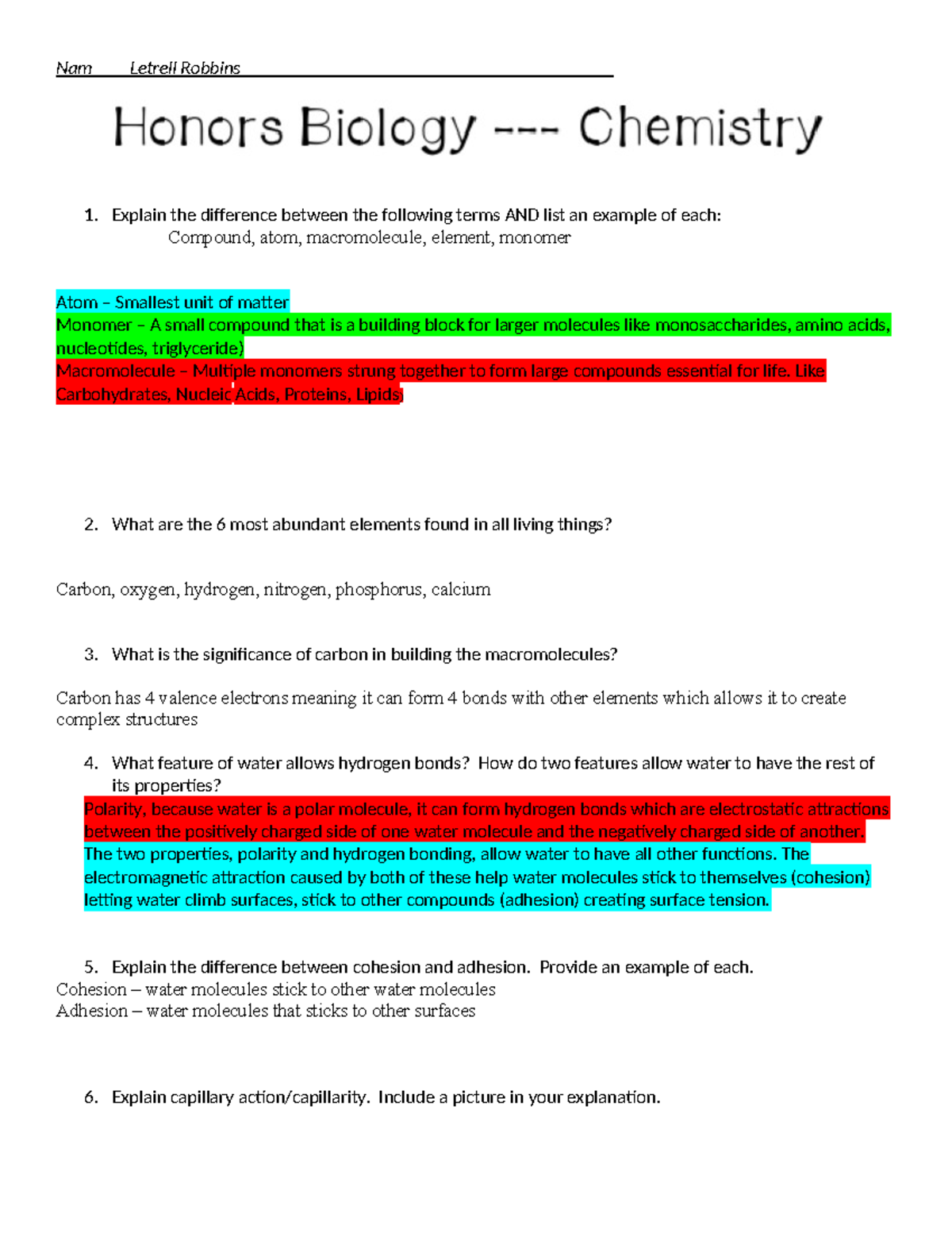 Unit 2 Chem Review Guide for Concepts of Matter and Water Properties ...