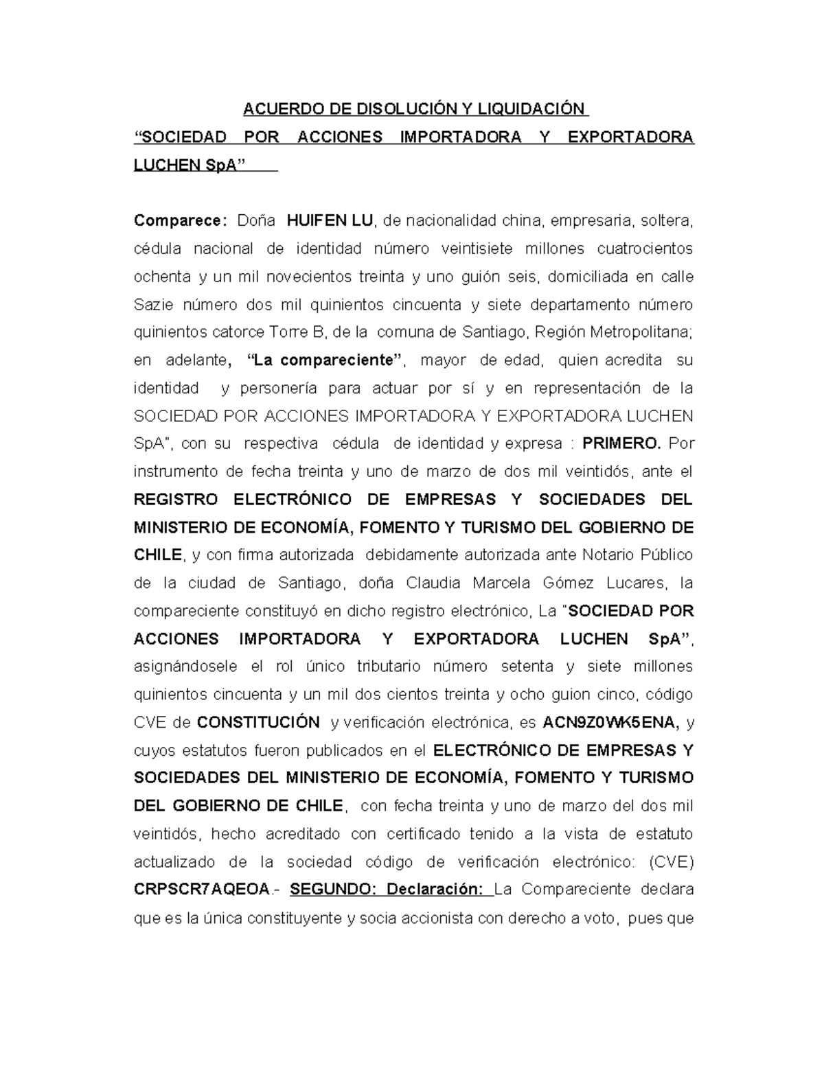 Escritura de Disolución y Liquidación de Luchen Sp A - Document Preview