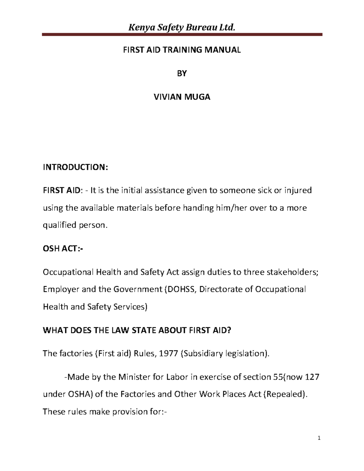 First Aid Training Manual - Kenya Safety Bureau Ltd. - Studocu