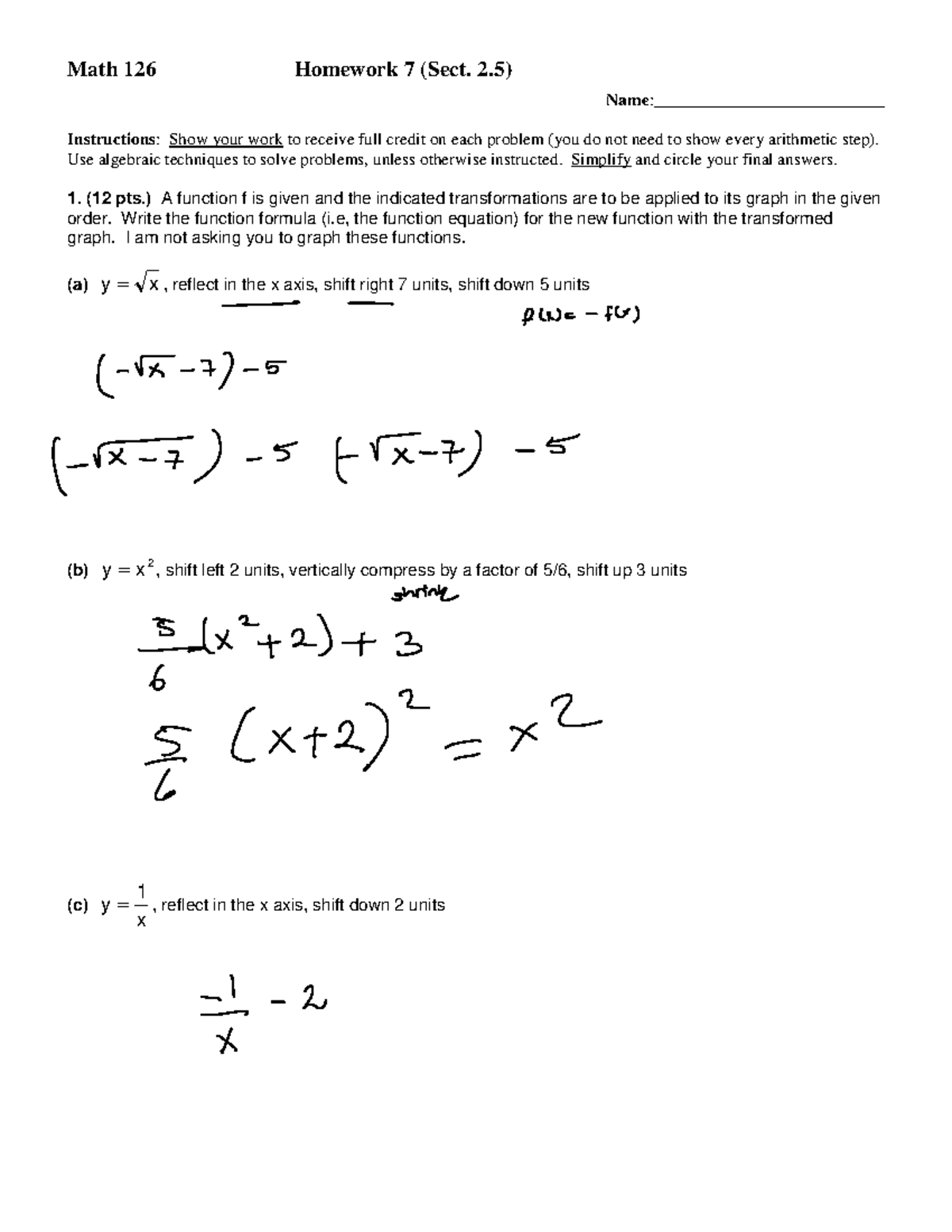 Math 126 Homework 7: Transformations of Functions - Studocu