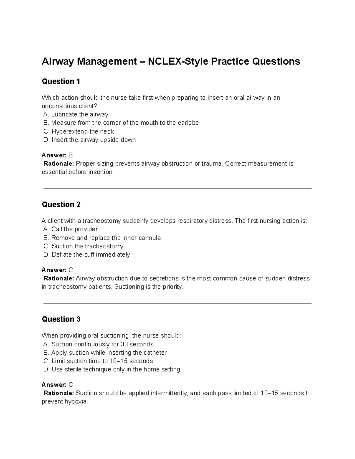 Airway Management Practice Questions for Nursing (NUR 101) - Studocu
