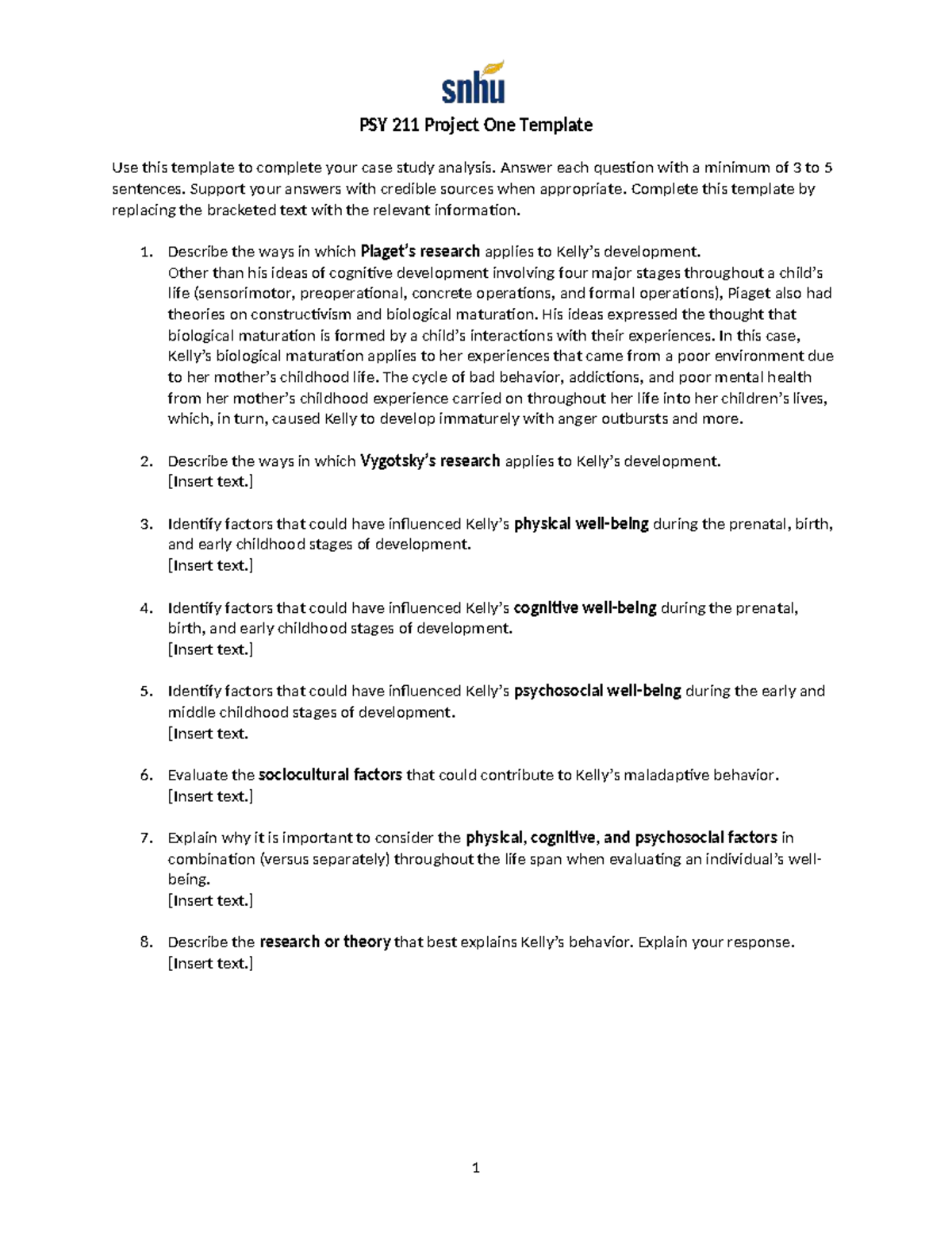 PSY 211 Case Study Analysis Template for Project One - Studocu