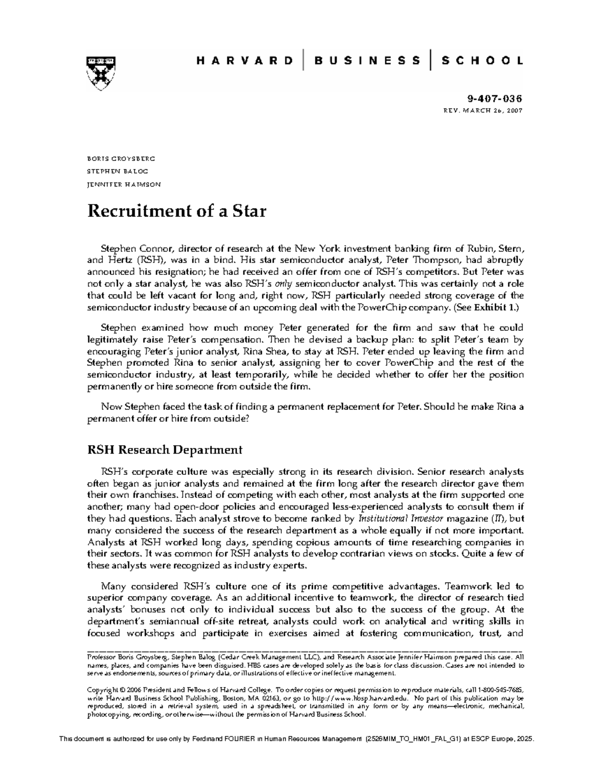 Recruitment of a Star: Case Study in Human Resources Management - Studocu