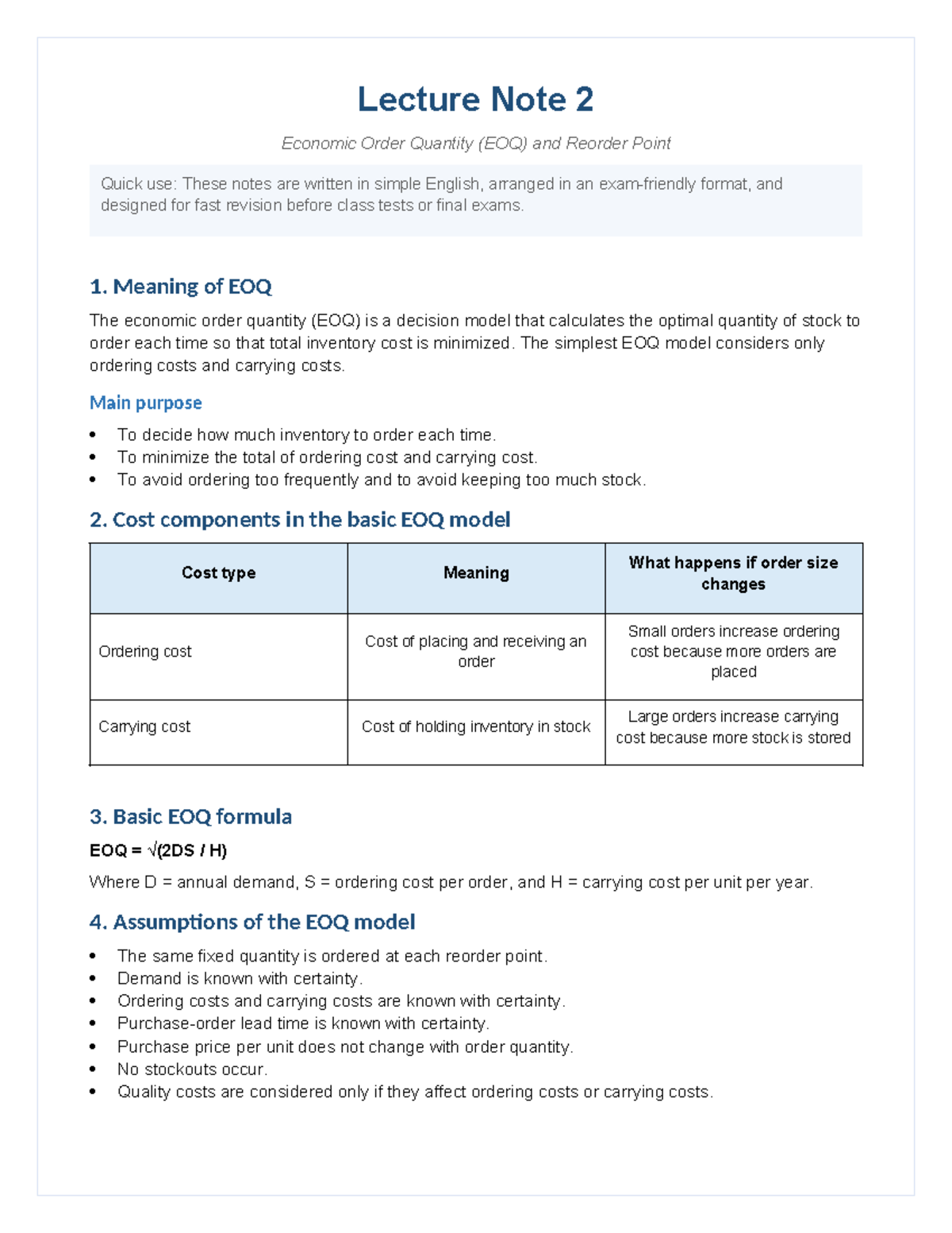 Lecture Note 2: Economic Order Quantity (EOQ) & Reorder Point - Studocu