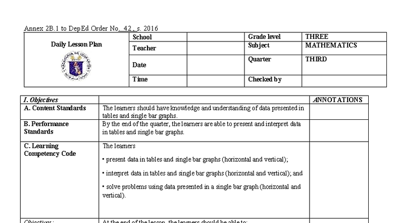 Math 3 Q3 W2: Daily Lesson Plan on Interpreting Bar Graphs - Studocu